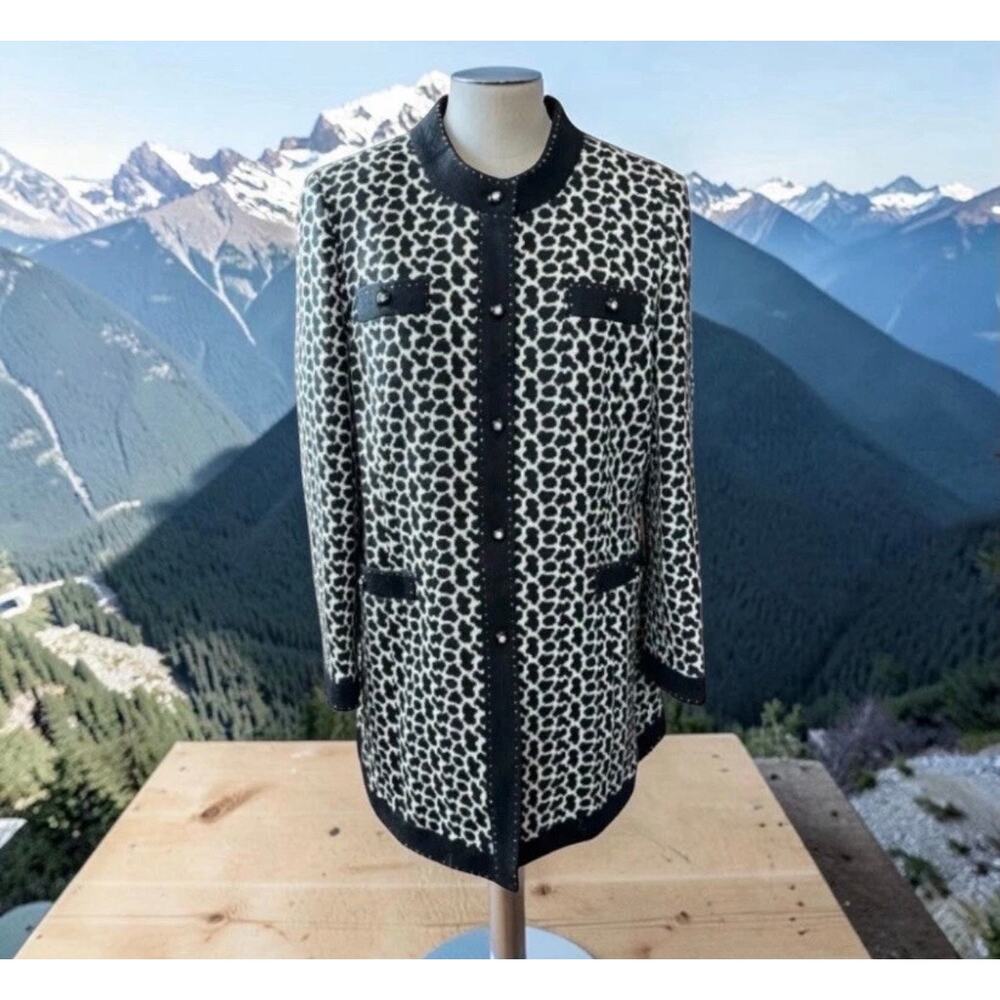 IMHAYOUNG Leopard Knit Jacket Black White Studded Trim L